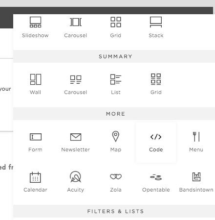 Add a code block element in Squarespace.